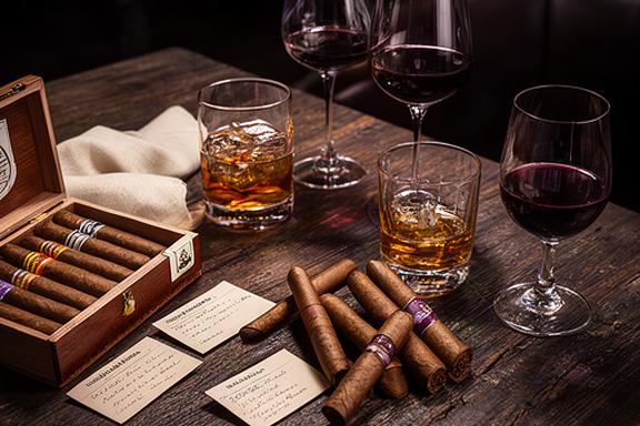 Tavolo in legno con sigari toscani, bicchieri di whiskey e calici da vino in una sala riservata del club a Parma
