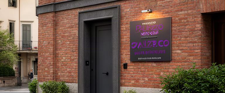 Ingresso riservato del club in Strada Santa Margherita a Parma con facciata in mattoni e targa discreta